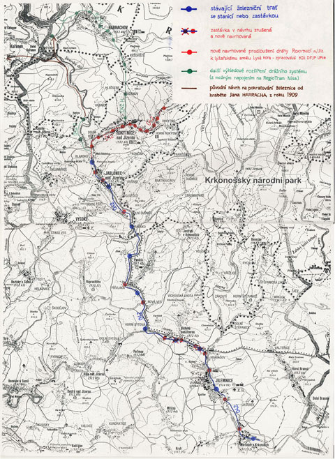 Mapa trati 042 s vyznačením stávajících a navrhovaných zastávek